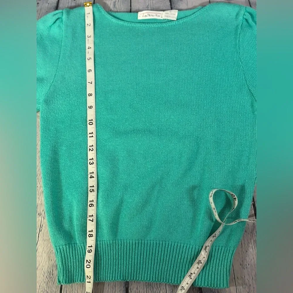 VINTAGE Talbots 90s Teal Blue Cotton Feminine Classic Short Sleeve Sweater S